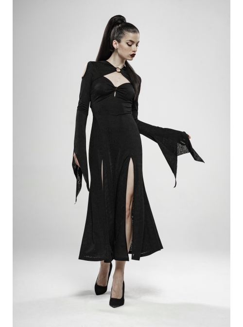 Front Chest Hollow-Out Braided Strap Metal Buckle Irregular Cutting The Cuff Black Gothic Slit Hooded Tight Dress