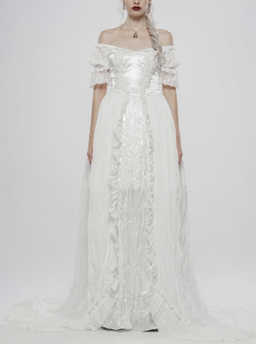 Off-Shoulder Front Chest Decals Back Waist Lace-Up Oversize Pendulum Backswing Mop White Gothic Chiffon Dress
