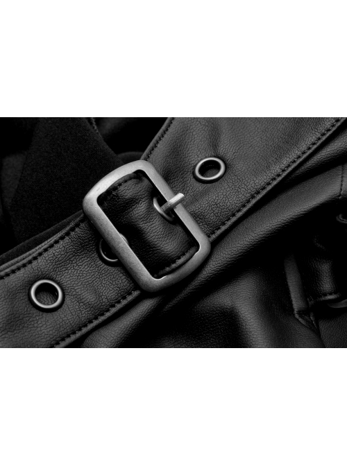 Off-Shoulder Front Chest Hollow-Out Irregular Metal Buckle Strap Side Hasp Black Punk Imitation Leather Knit Dress