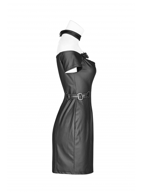 Off-Shoulder Front Chest Hollow-Out Irregular Metal Buckle Strap Side Hasp Black Punk Imitation Leather Knit Dress