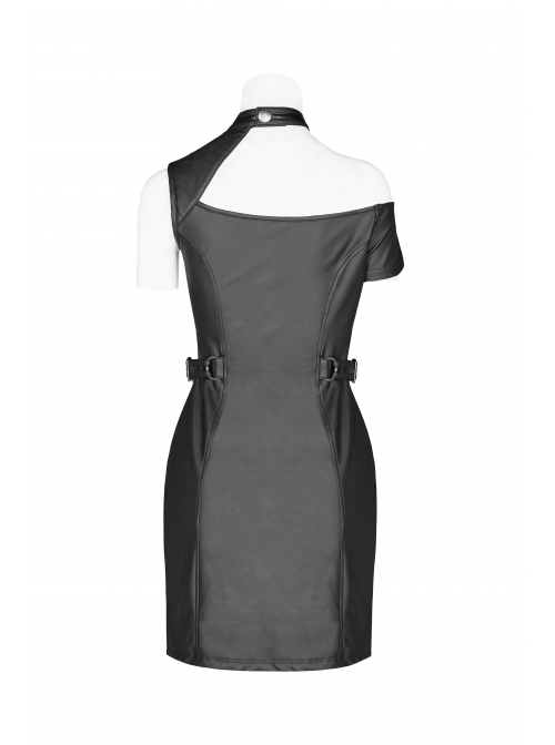 Off-Shoulder Front Chest Hollow-Out Irregular Metal Buckle Strap Side Hasp Black Punk Imitation Leather Knit Dress