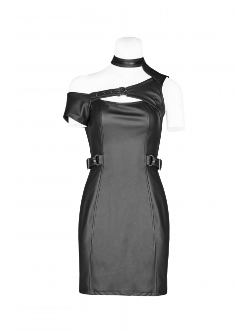 Off-Shoulder Front Chest Hollow-Out Irregular Metal Buckle Strap Side Hasp Black Punk Imitation Leather Knit Dress