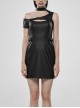 Off-Shoulder Front Chest Hollow-Out Irregular Metal Buckle Strap Side Hasp Black Punk Imitation Leather Knit Dress