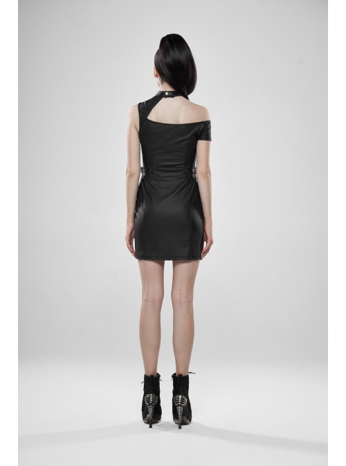 Off-Shoulder Front Chest Hollow-Out Irregular Metal Buckle Strap Side Hasp Black Punk Imitation Leather Knit Dress