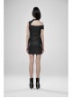Off-Shoulder Front Chest Hollow-Out Irregular Metal Buckle Strap Side Hasp Black Punk Imitation Leather Knit Dress