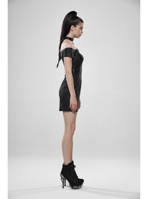 Off-Shoulder Front Chest Hollow-Out Irregular Metal Buckle Strap Side Hasp Black Punk Imitation Leather Knit Dress
