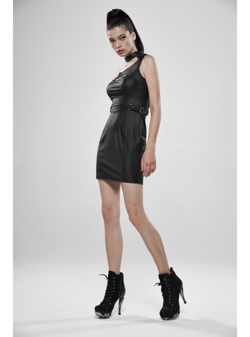 Off-Shoulder Front Chest Hollow-Out Irregular Metal Buckle Strap Side Hasp Black Punk Imitation Leather Knit Dress