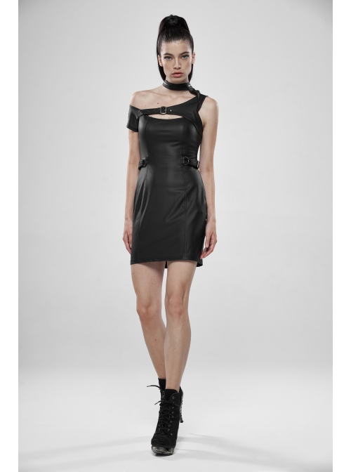 Off-Shoulder Front Chest Hollow-Out Irregular Metal Buckle Strap Side Hasp Black Punk Imitation Leather Knit Dress