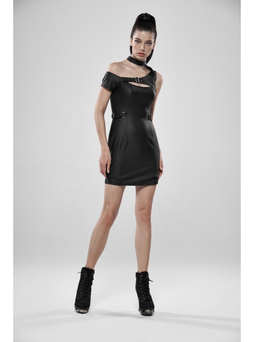 Off-Shoulder Front Chest Hollow-Out Irregular Metal Buckle Strap Side Hasp Black Punk Imitation Leather Knit Dress