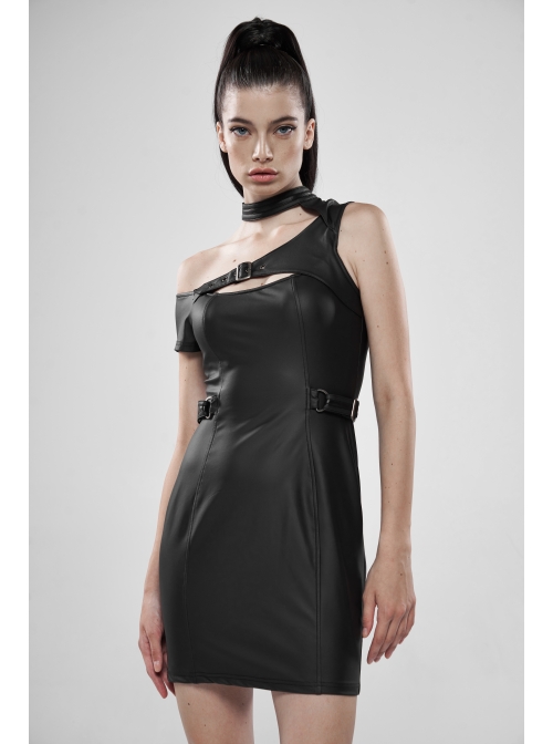 Off-Shoulder Front Chest Hollow-Out Irregular Metal Buckle Strap Side Hasp Black Punk Imitation Leather Knit Dress