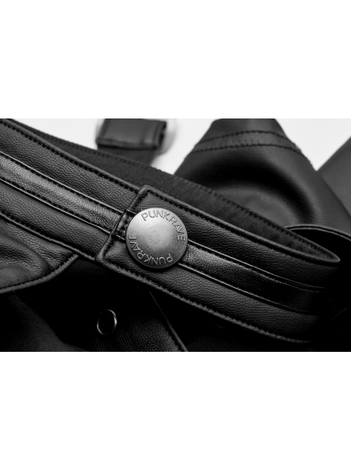 Off-Shoulder Front Chest Hollow-Out Irregular Metal Buckle Strap Side Hasp Black Punk Imitation Leather Knit Dress