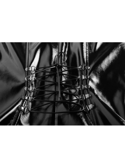 High Collar Metal Hasp Front Metal Buttons Back Waist Lace-Up Black Punk Patent Leather Slit Dress