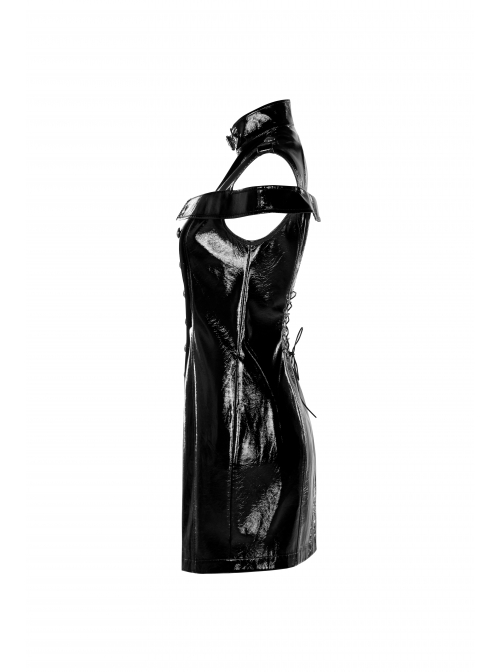 High Collar Metal Hasp Front Metal Buttons Back Waist Lace-Up Black Punk Patent Leather Slit Dress