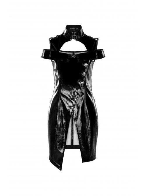 High Collar Metal Hasp Front Metal Buttons Back Waist Lace-Up Black Punk Patent Leather Slit Dress