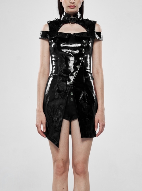 High Collar Metal Hasp Front Metal Buttons Back Waist Lace-Up Black Punk Patent Leather Slit Dress