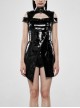 High Collar Metal Hasp Front Metal Buttons Back Waist Lace-Up Black Punk Patent Leather Slit Dress