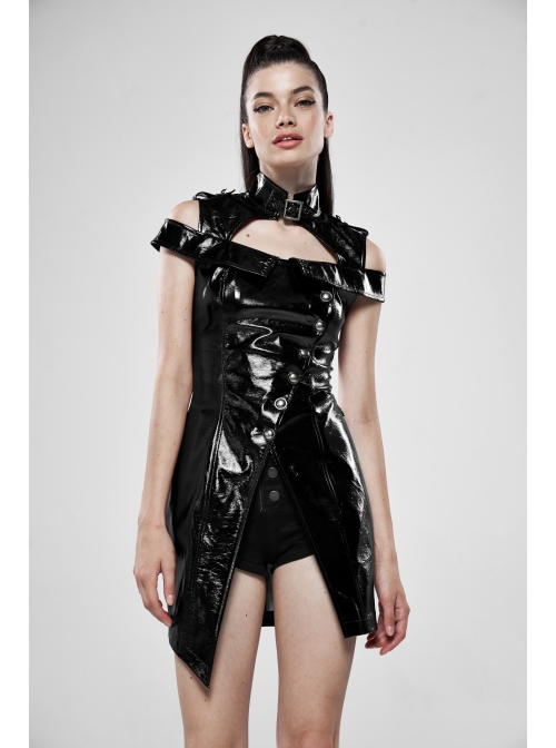 High Collar Metal Hasp Front Metal Buttons Back Waist Lace-Up Black Punk Patent Leather Slit Dress