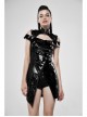 High Collar Metal Hasp Front Metal Buttons Back Waist Lace-Up Black Punk Patent Leather Slit Dress