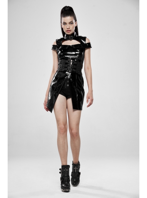 High Collar Metal Hasp Front Metal Buttons Back Waist Lace-Up Black Punk Patent Leather Slit Dress