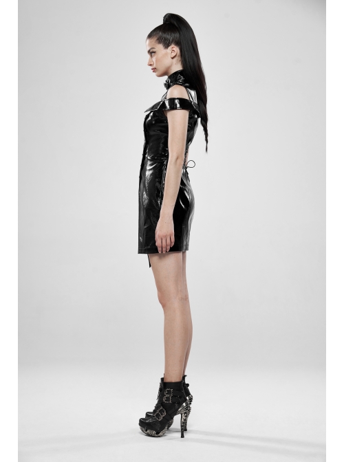 High Collar Metal Hasp Front Metal Buttons Back Waist Lace-Up Black Punk Patent Leather Slit Dress
