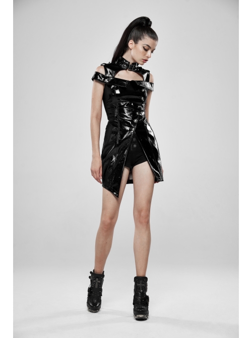 High Collar Metal Hasp Front Metal Buttons Back Waist Lace-Up Black Punk Patent Leather Slit Dress