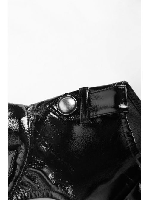 High Collar Metal Hasp Front Metal Buttons Back Waist Lace-Up Black Punk Patent Leather Slit Dress