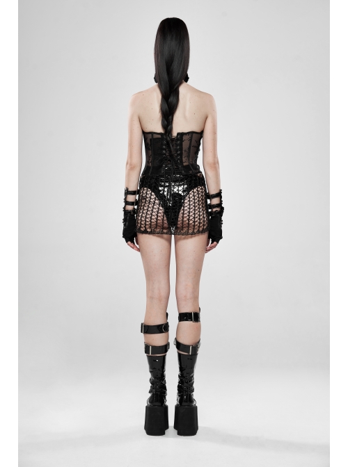 Shiny Cyber Woven Hollow-Out Black Punk Short Skirt