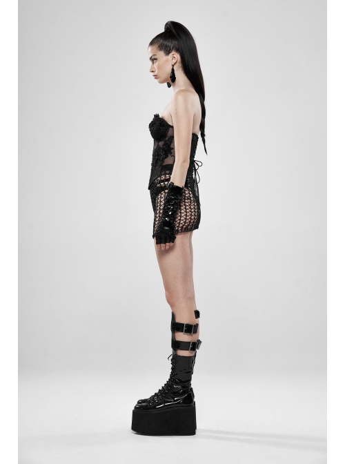 Shiny Cyber Woven Hollow-Out Black Punk Short Skirt