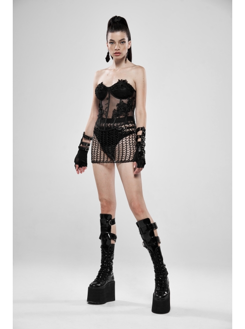 Shiny Cyber Woven Hollow-Out Black Punk Short Skirt