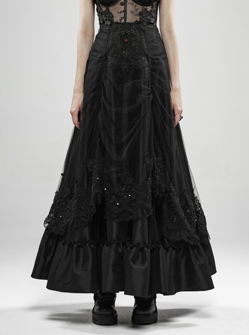 Front Waist Decal Back Lace-Up Upper Mesh Hem Wide Lotus Leaf Edge Hem Black Gothic Mist Skirt