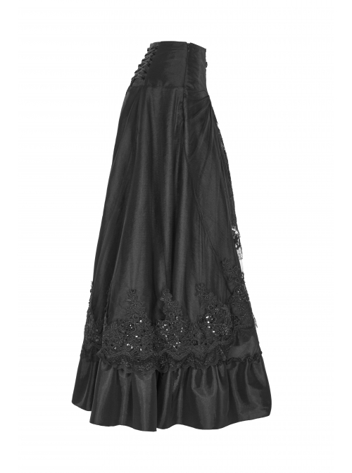 Front Waist Decal Back Lace-Up Upper Mesh Hem Wide Lotus Leaf Edge Hem Black Gothic Mist Skirt