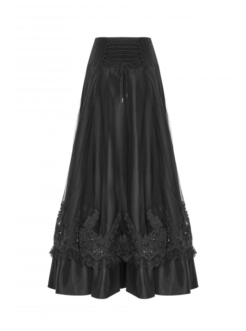 Front Waist Decal Back Lace-Up Upper Mesh Hem Wide Lotus Leaf Edge Hem Black Gothic Mist Skirt