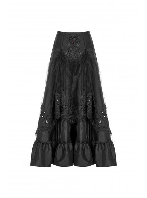 Front Waist Decal Back Lace-Up Upper Mesh Hem Wide Lotus Leaf Edge Hem Black Gothic Mist Skirt