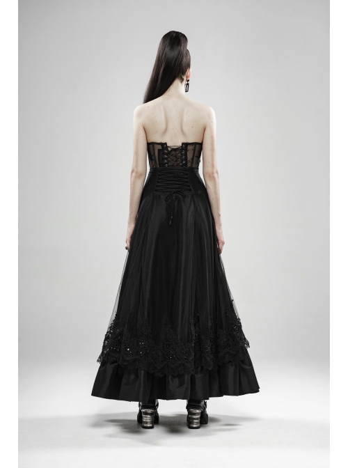 Front Waist Decal Back Lace-Up Upper Mesh Hem Wide Lotus Leaf Edge Hem Black Gothic Mist Skirt