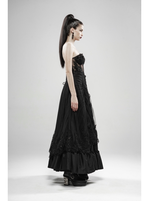 Front Waist Decal Back Lace-Up Upper Mesh Hem Wide Lotus Leaf Edge Hem Black Gothic Mist Skirt