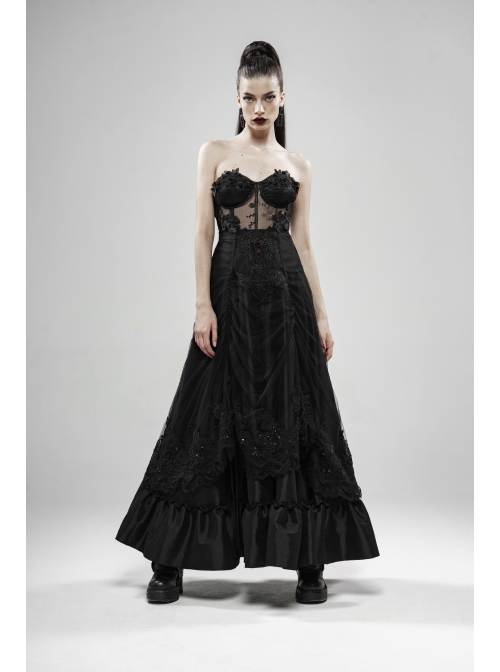Front Waist Decal Back Lace-Up Upper Mesh Hem Wide Lotus Leaf Edge Hem Black Gothic Mist Skirt