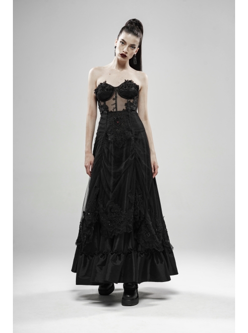 Front Waist Decal Back Lace-Up Upper Mesh Hem Wide Lotus Leaf Edge Hem Black Gothic Mist Skirt