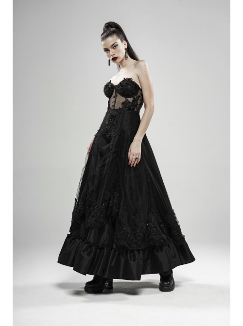Front Waist Decal Back Lace-Up Upper Mesh Hem Wide Lotus Leaf Edge Hem Black Gothic Mist Skirt