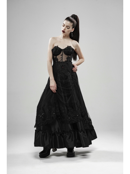 Front Waist Decal Back Lace-Up Upper Mesh Hem Wide Lotus Leaf Edge Hem Black Gothic Mist Skirt