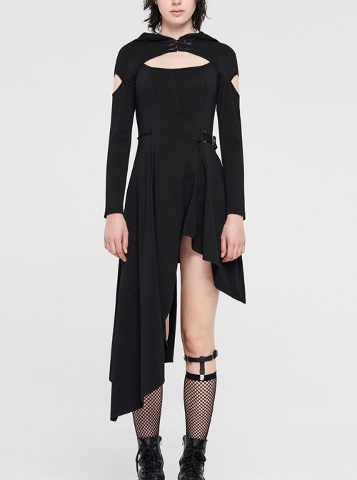 Metal Buckle Collar Front Chest Hollow-Out Slit Long Sleeves Waist Hasp Asymmetric Hem Black Gothic Hooded Knit Dress