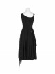 Off-Shoulder Metal Buckle Strap Metal D-Buckle Bandage Splice Irregular Dark Mesh Black Punk Knit Dress