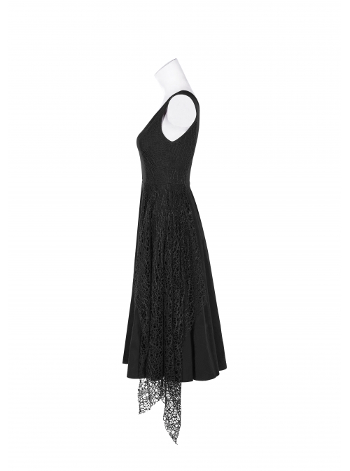 Off-Shoulder Metal Buckle Strap Metal D-Buckle Bandage Splice Irregular Dark Mesh Black Punk Knit Dress