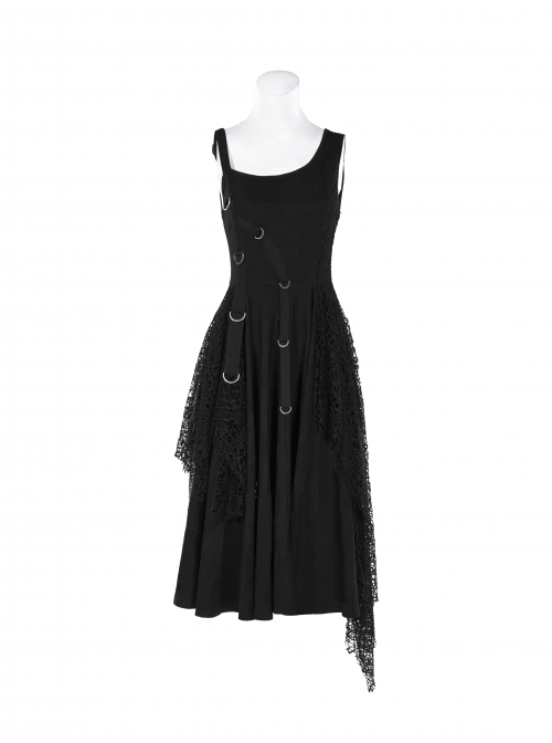 Off-Shoulder Metal Buckle Strap Metal D-Buckle Bandage Splice Irregular Dark Mesh Black Punk Knit Dress