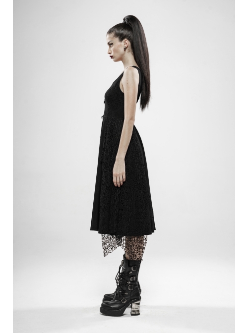 Off-Shoulder Metal Buckle Strap Metal D-Buckle Bandage Splice Irregular Dark Mesh Black Punk Knit Dress