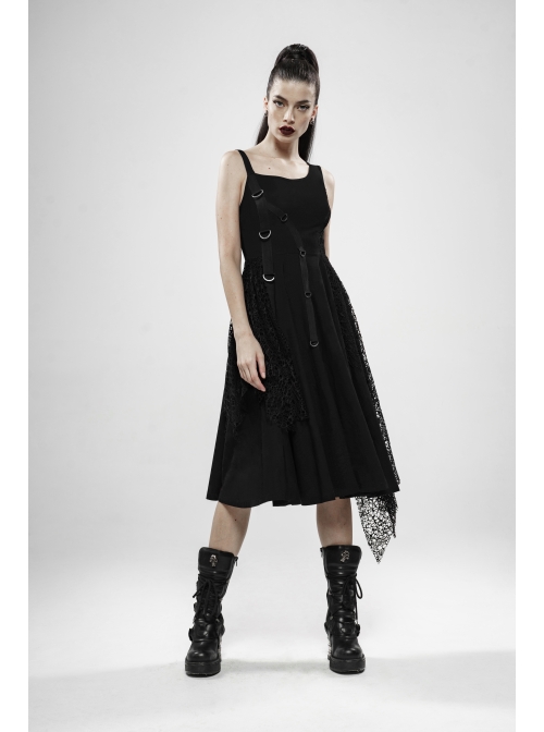 Off-Shoulder Metal Buckle Strap Metal D-Buckle Bandage Splice Irregular Dark Mesh Black Punk Knit Dress