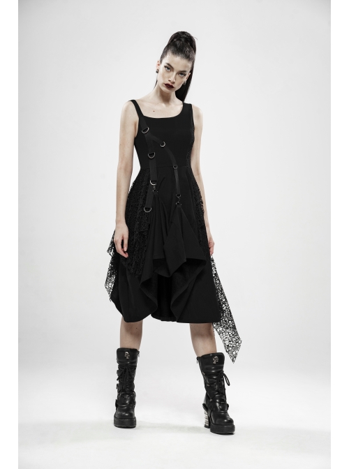 Off-Shoulder Metal Buckle Strap Metal D-Buckle Bandage Splice Irregular Dark Mesh Black Punk Knit Dress
