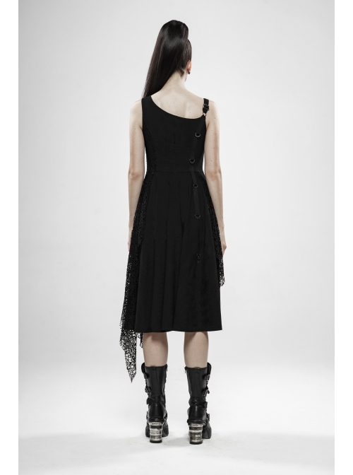Off-Shoulder Metal Buckle Strap Metal D-Buckle Bandage Splice Irregular Dark Mesh Black Punk Knit Dress