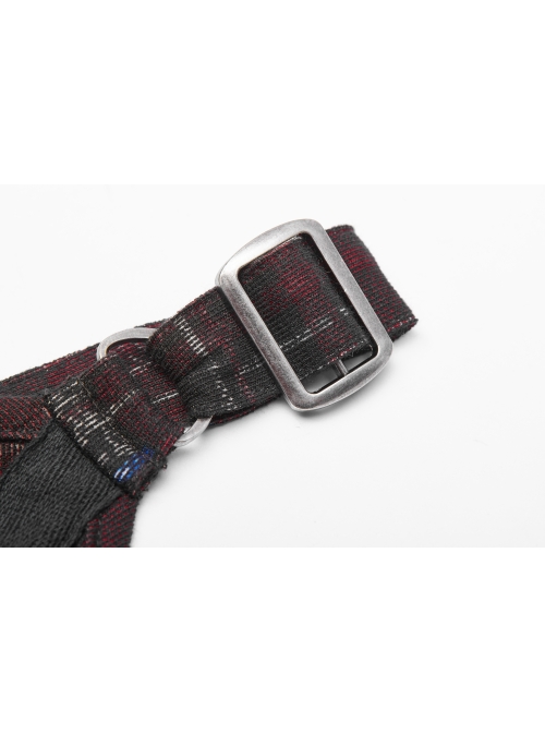 Off-Shoulder Metal Buckle Strap Metal D-Buckle Bandage Splice Irregular Dark Mesh Black And Red Plaid Punk Knit Dress