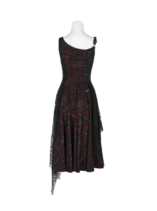 Off-Shoulder Metal Buckle Strap Metal D-Buckle Bandage Splice Irregular Dark Mesh Black And Red Plaid Punk Knit Dress
