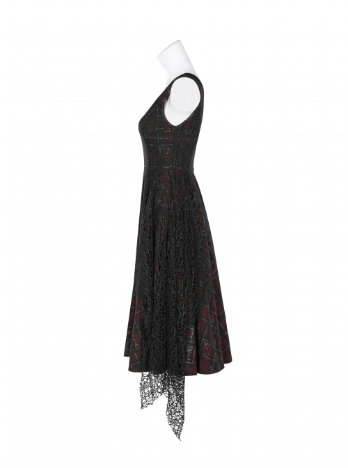 Off-Shoulder Metal Buckle Strap Metal D-Buckle Bandage Splice Irregular Dark Mesh Black And Red Plaid Punk Knit Dress